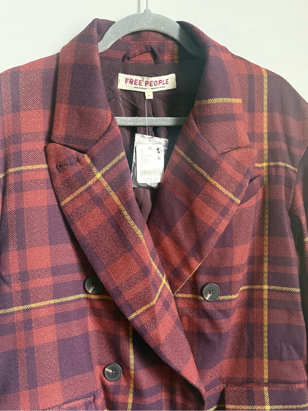 Free People Blazer Double Breasted Burgundy Plaid Jacket Oversized Relaxed Fit S - Picture 6 of 12